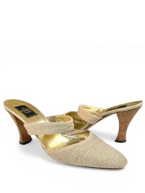 FENDI Metallic Gold Neutral Canvas Leather Mules Sandals